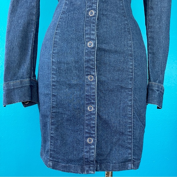 Fitted Denim Mini Dress w/ Long Sleeves in Dark Wash Blue Jean Size 2 XS - Picture 3 of 9